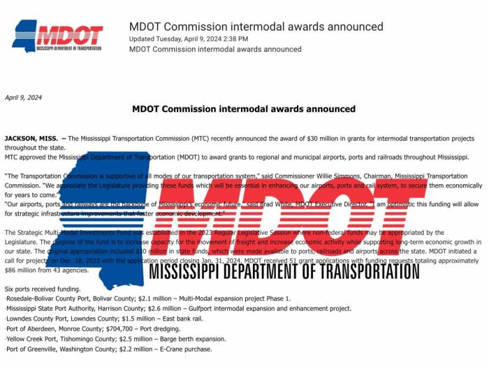 [MDOT Commission intermodal awards announced]